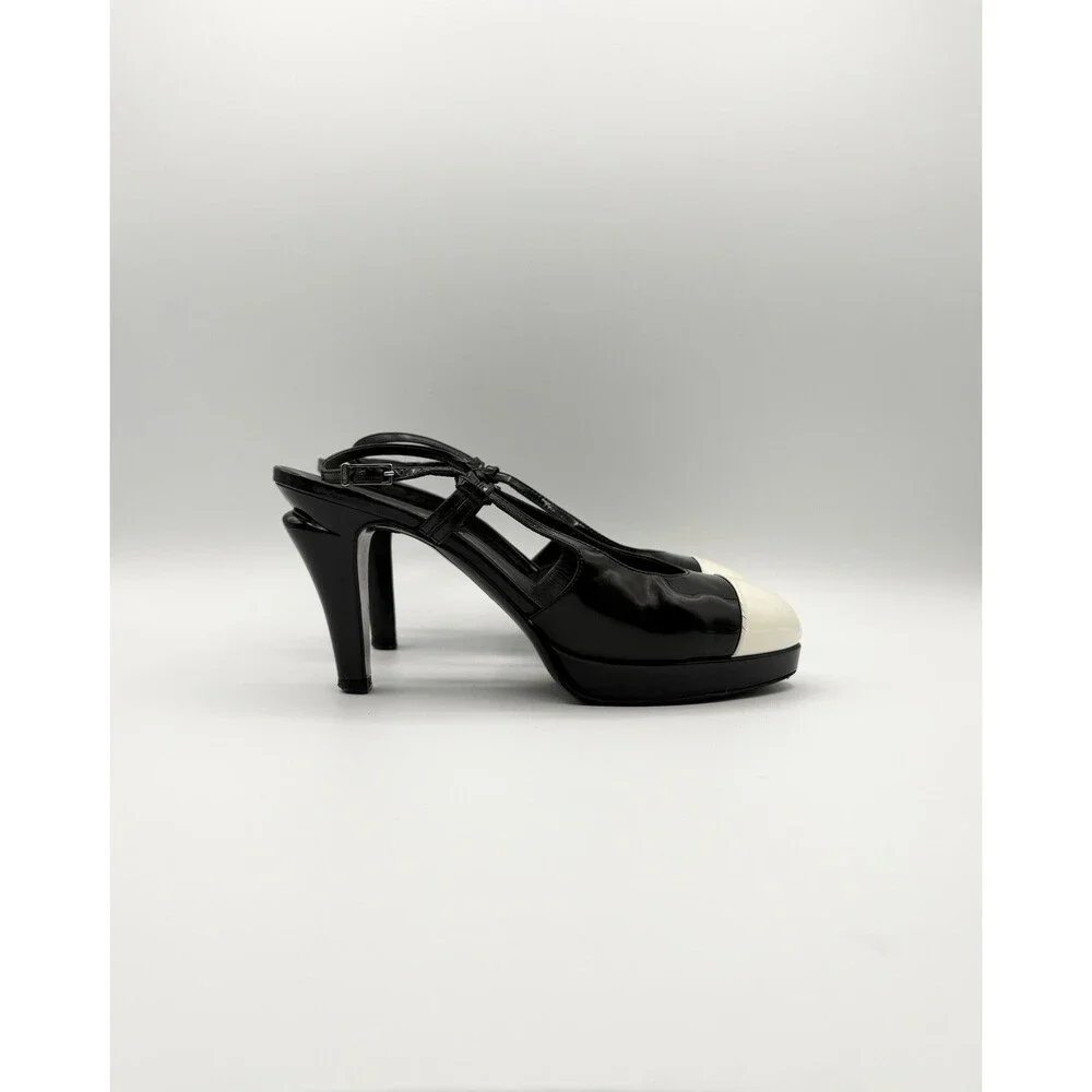 Chanel Black & White Patent Leather Cap Toe Platform Slingback Heel Size EU 37.5